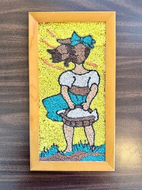 Vintage Style Pebbled Wall Art Girl with Basket - Yellow & Turquoise